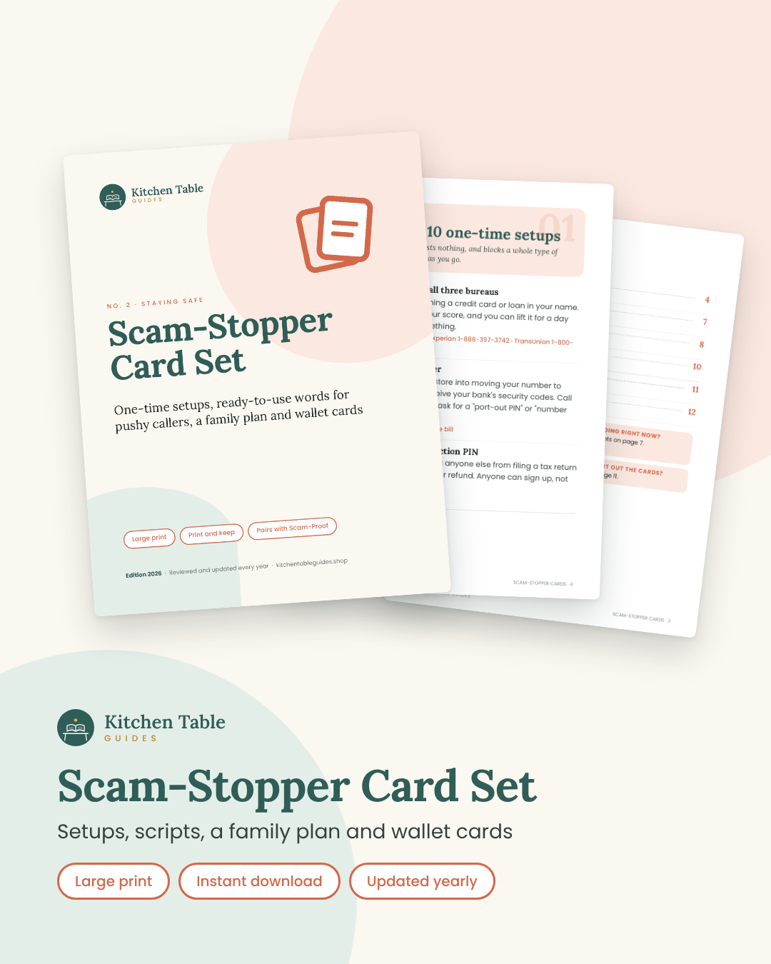Scam-Stopper Card Set by Kitchen Table Guides: cover and inside pages