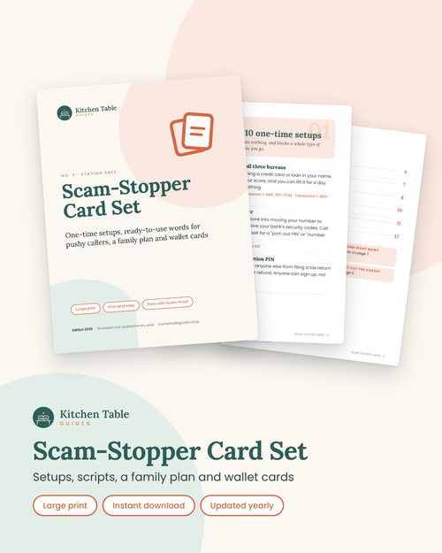 Scam-Stopper Card Set by Kitchen Table Guides: cover and inside pages