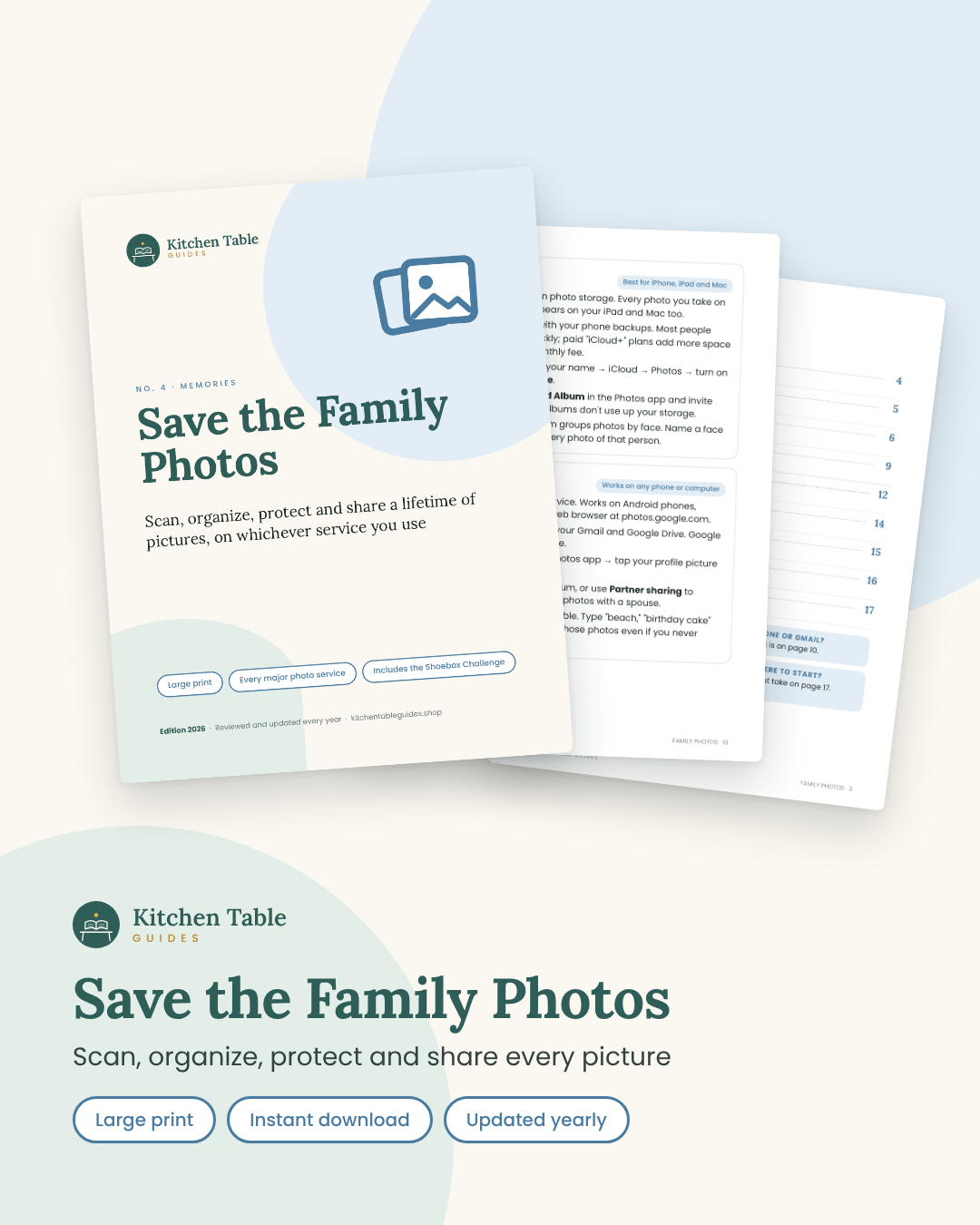 Save the Family Photos guide by Kitchen Table Guides: cover and inside pages