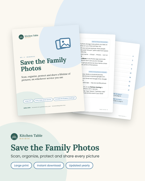 Save the Family Photos guide by Kitchen Table Guides: cover and inside pages