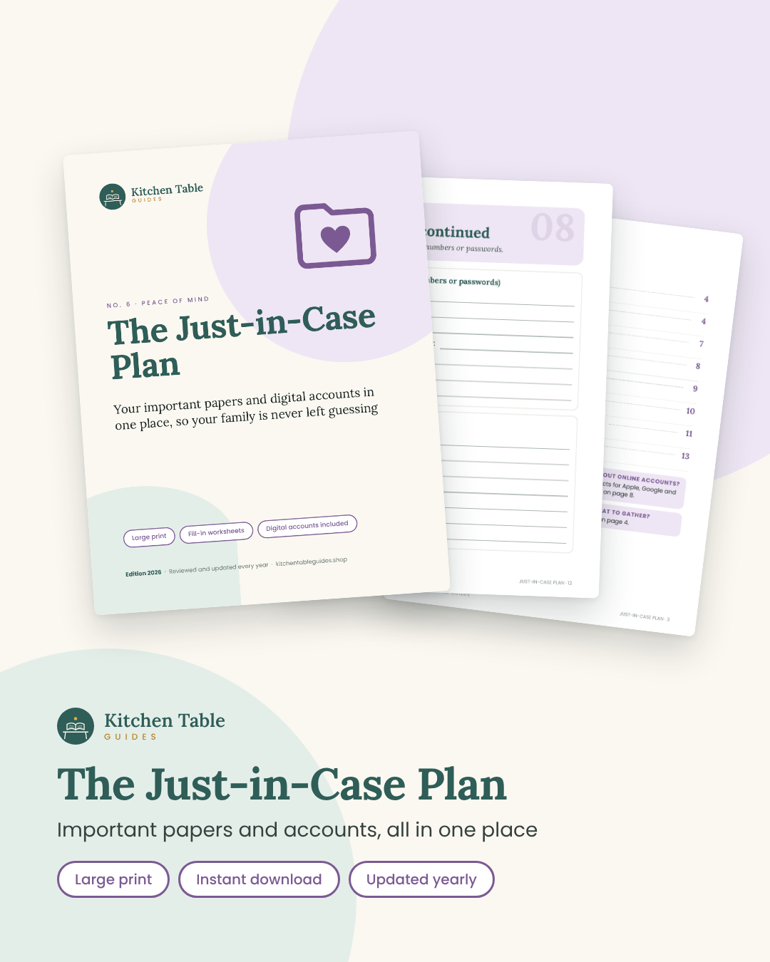 The Just-in-Case Plan guide by Kitchen Table Guides: cover and inside pages
