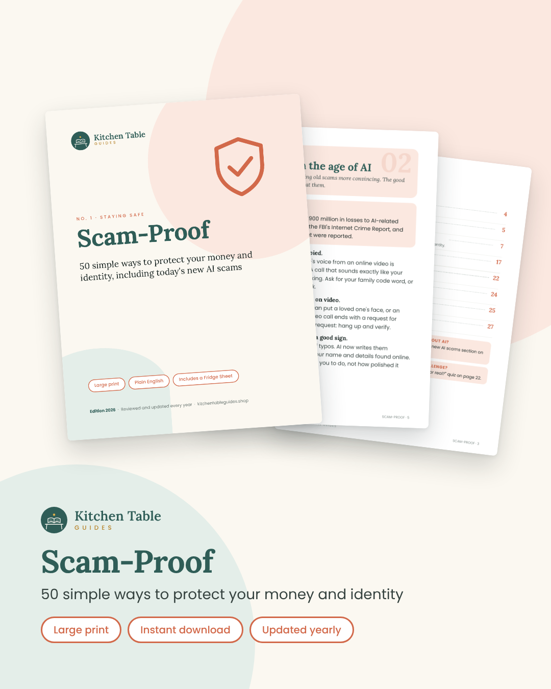 Scam-Proof guide by Kitchen Table Guides: cover and inside pages